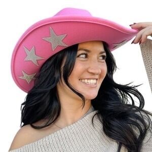 CC BEANIE Sparkly Rhinestone Western Cowboy Hat Pink Silver Stars Women NWT